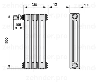 Схема (чертеж) Радиатор Zehnder Charleston 3100/5 №V011 Белый глянцевый RAL 9016